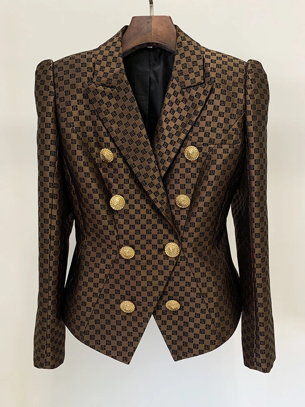 Modphy Brown Plaid Print Elegant Temperament Shoulder Pads Double Breasted Collect Waist Short Blazer Jacket Women