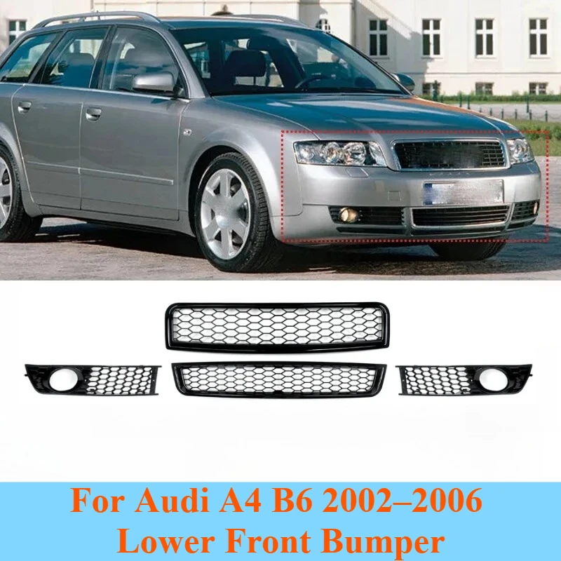 

For Audi A4B6 2002–2006 Lower Front Bumper Mesh Grille Fog Light Hole Honeycomb Style Center Grill Modification Replacement Trim