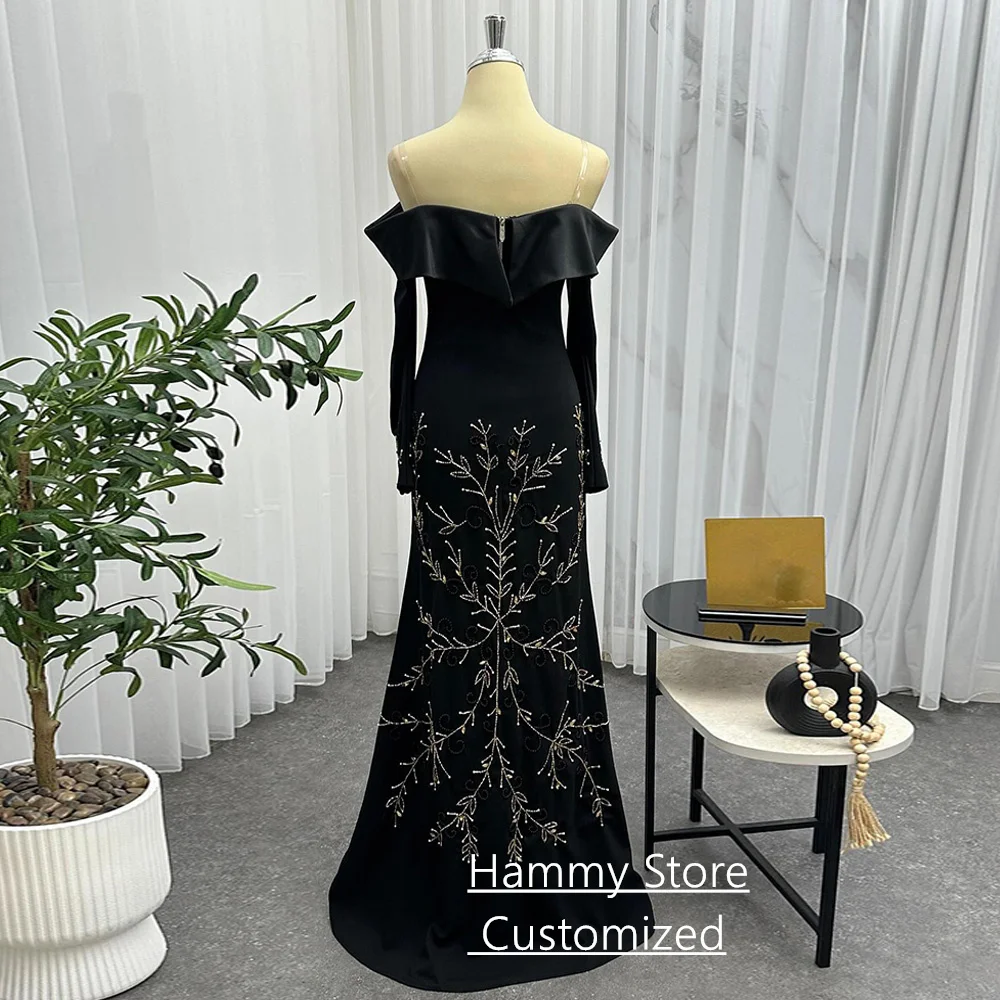 فستان سهرة بأكمام طويلة ورقبة قارب مخصص أنيق مطرز بالخرز ومطرز سويب تراين رداء De Soiree فستان حفلات عربي