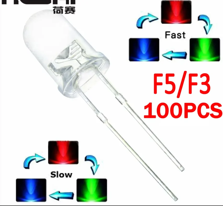100PCS/lot F5 5mm F3 3mm Fast/Slow RGB Flash Red Green Blue Rainbow Multi Color Light Emitting Diode Round LED Full Color