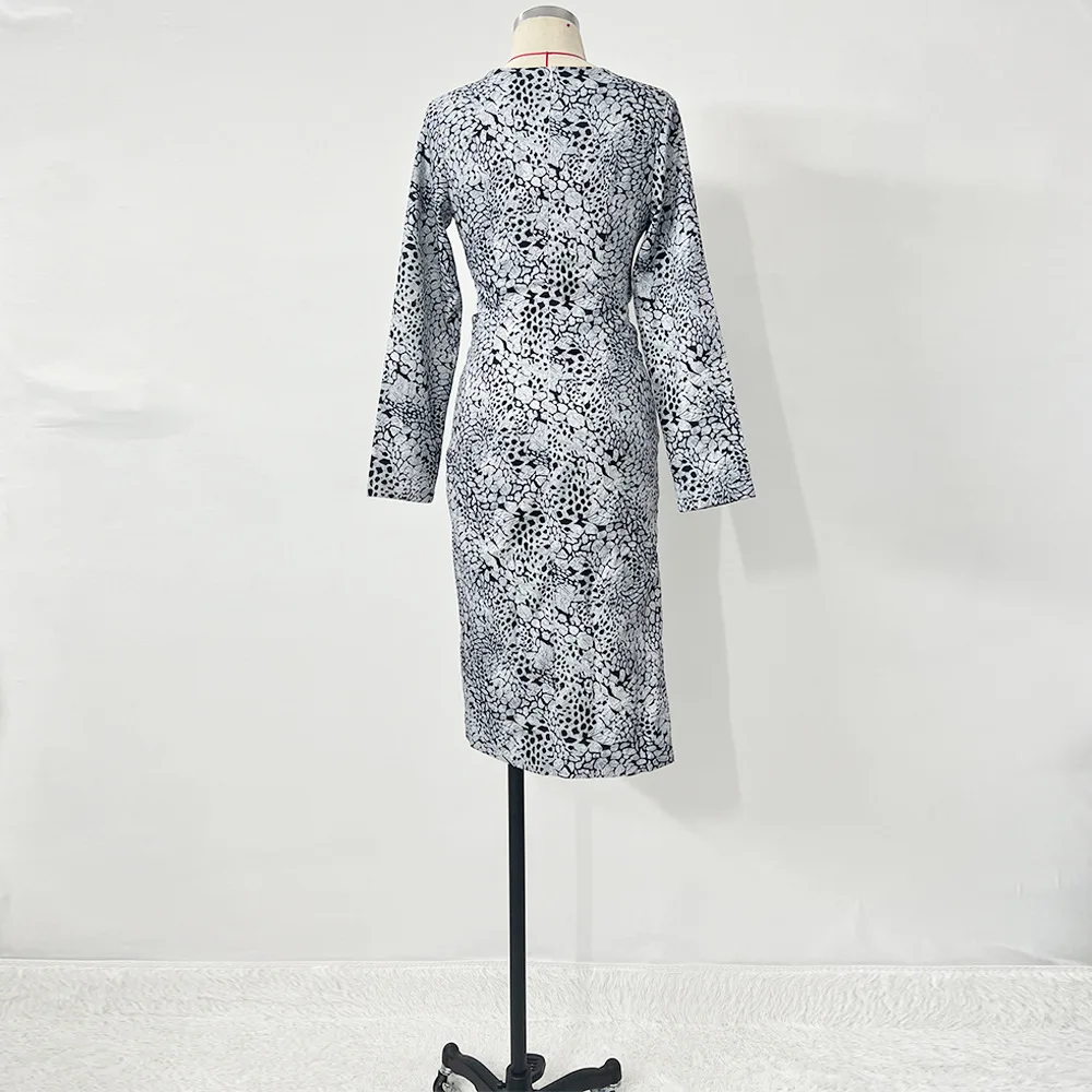 فستان حفلات النادي الليلي النحيف المرأة مثير عميق الخامس مطوي مطبوعة الجانب الشق فستان بكم طويل ملهى ليلي فستان سهرة فستان كوكتيل