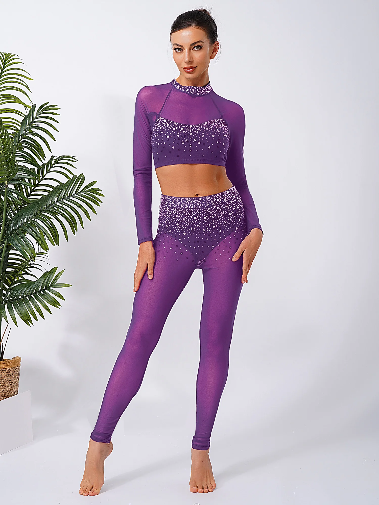 Tenue de danse lyrique moderne pour femmes, strass, manches longues, maille transparente, haut court, Leggings, collants, Ballet latin, entraînement de gymnastique