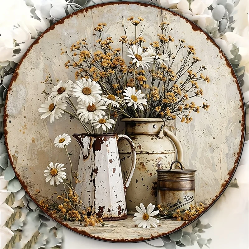 2D Flat, 1pc 8x8in/20x20cm 2D Flat Round Sign, Vintage Plaque Featuring a Daisy Vase, Rustic Farmhouse Style Decorative Sign, Su
