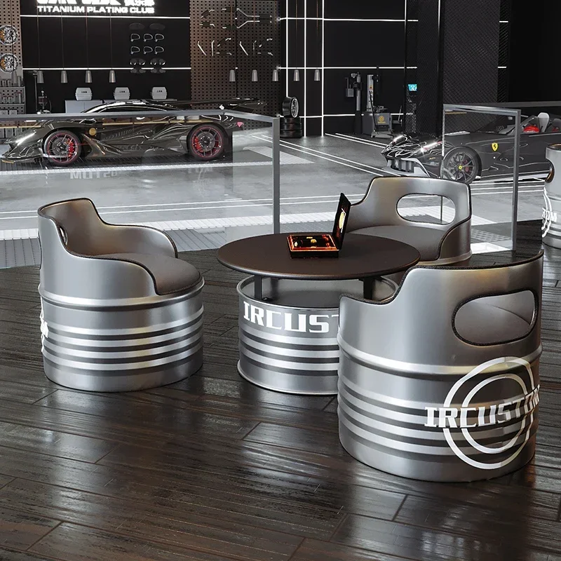 

Industrial wind oil drum table and chair combination wrought iron rest area to negotiate card seat sofa