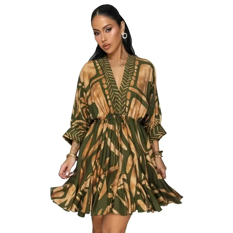 Gaun Afrika untuk Wanita Fashion Dashiki Lipit 2025 Musim Panas Musim Gugur Jubah Kerah V Lengan Panjang Gaun Midi Pesta Afrika Elegan