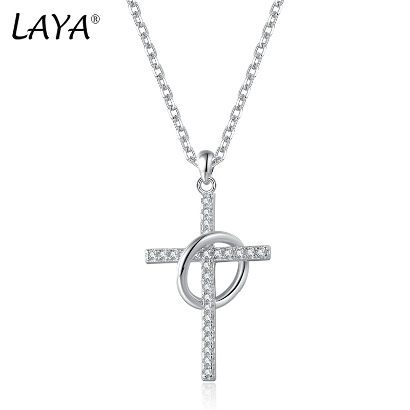 LAYA Pendant Necklace For Women Men Cross And Circle Plated platinum CZ 100% 925 Sterling Silver Chain Necklaces Fine Jewelry