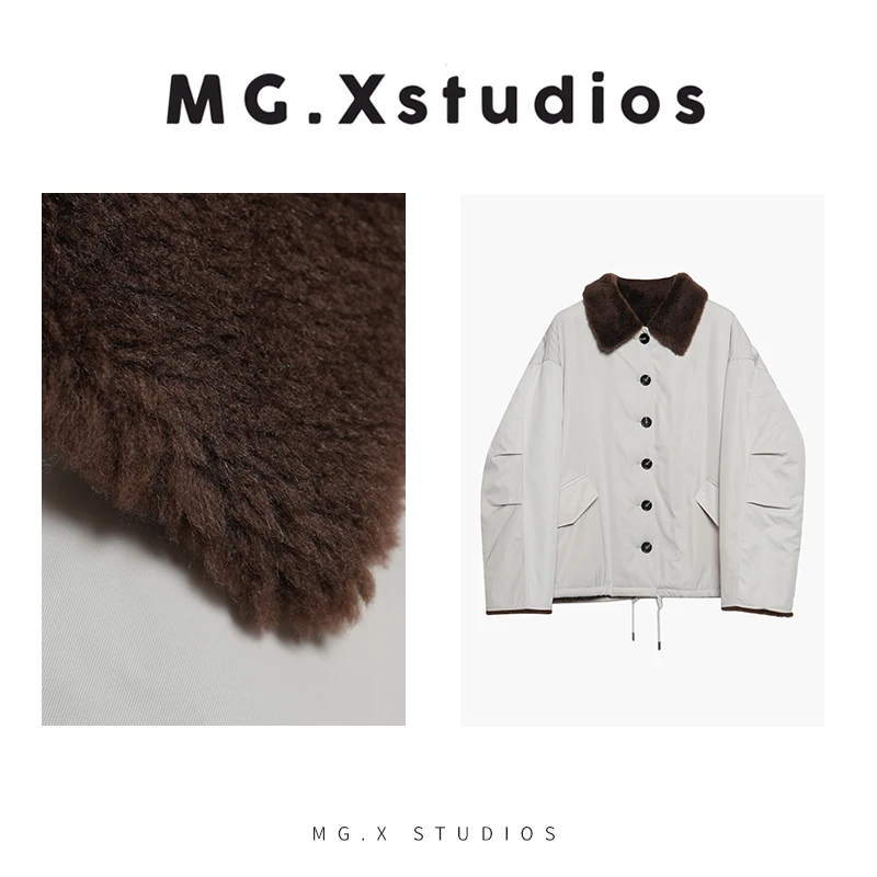 

MGX Warm Fce Snow Vintage Wool Collar Patchwork Jaet Single Button Workwear Sle Women's ort Outerwear Coat