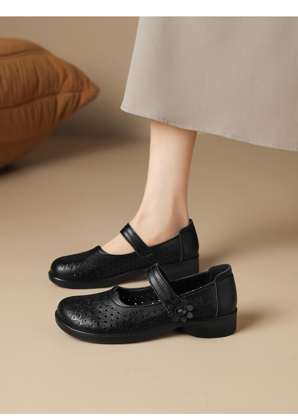 Mary Jane Schuhe in Übergröße 42 für Damen, atmungsaktive Mokassins mit Ausschnitten, florale Einriemen-Slipper mit niedrigem Absatz für lässiges Gehen – Detail 9