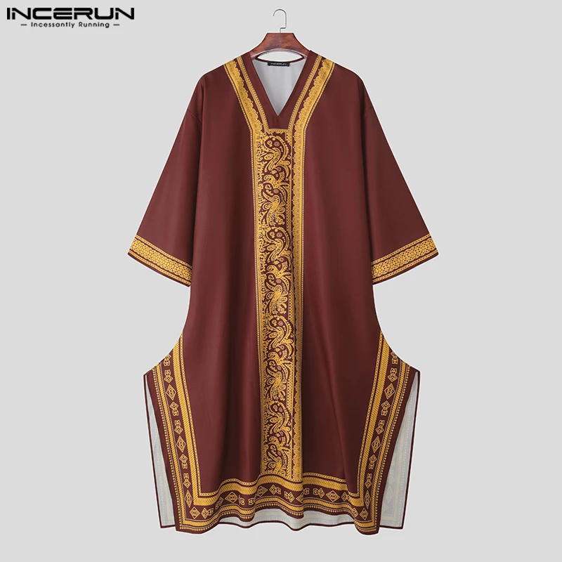 Men Jubba Thobe Printing Patchwork V Neck Long Sleeve Male Robes Muslim Kaftan Loose 2026 Arab Casual Men Caftan Abaya INCERUN