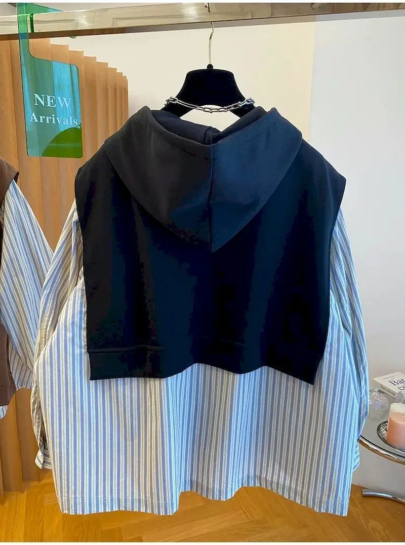Oversized Hoodies Women Korean Loose Hoodie Fashion Striped Shirt Patchwork Hooded Coats Fake Two-piece Tops Spring Autumn Trend
