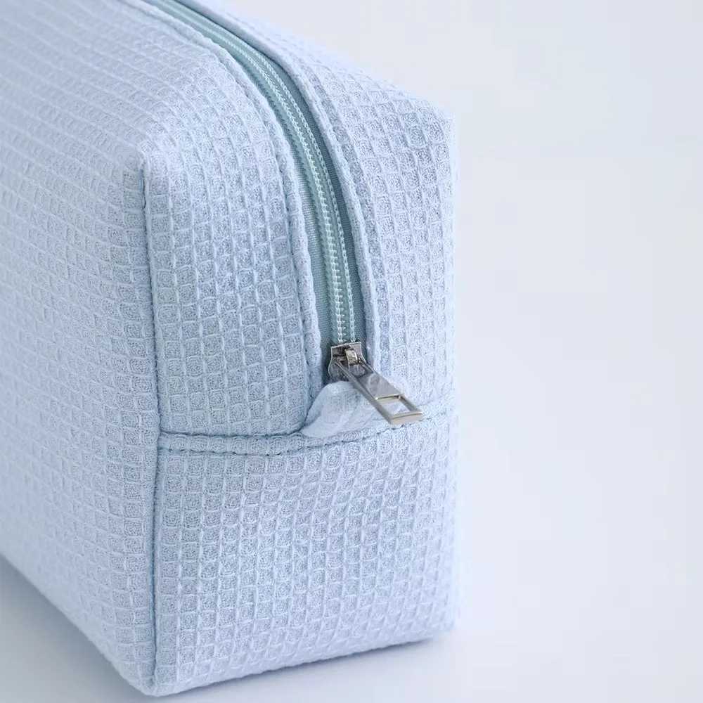 Portable Waffle Cosmetic Bag Solid Color Large Capacity Women Makeup Bag Cotton Toiletry Bag Pouch Travel Storage