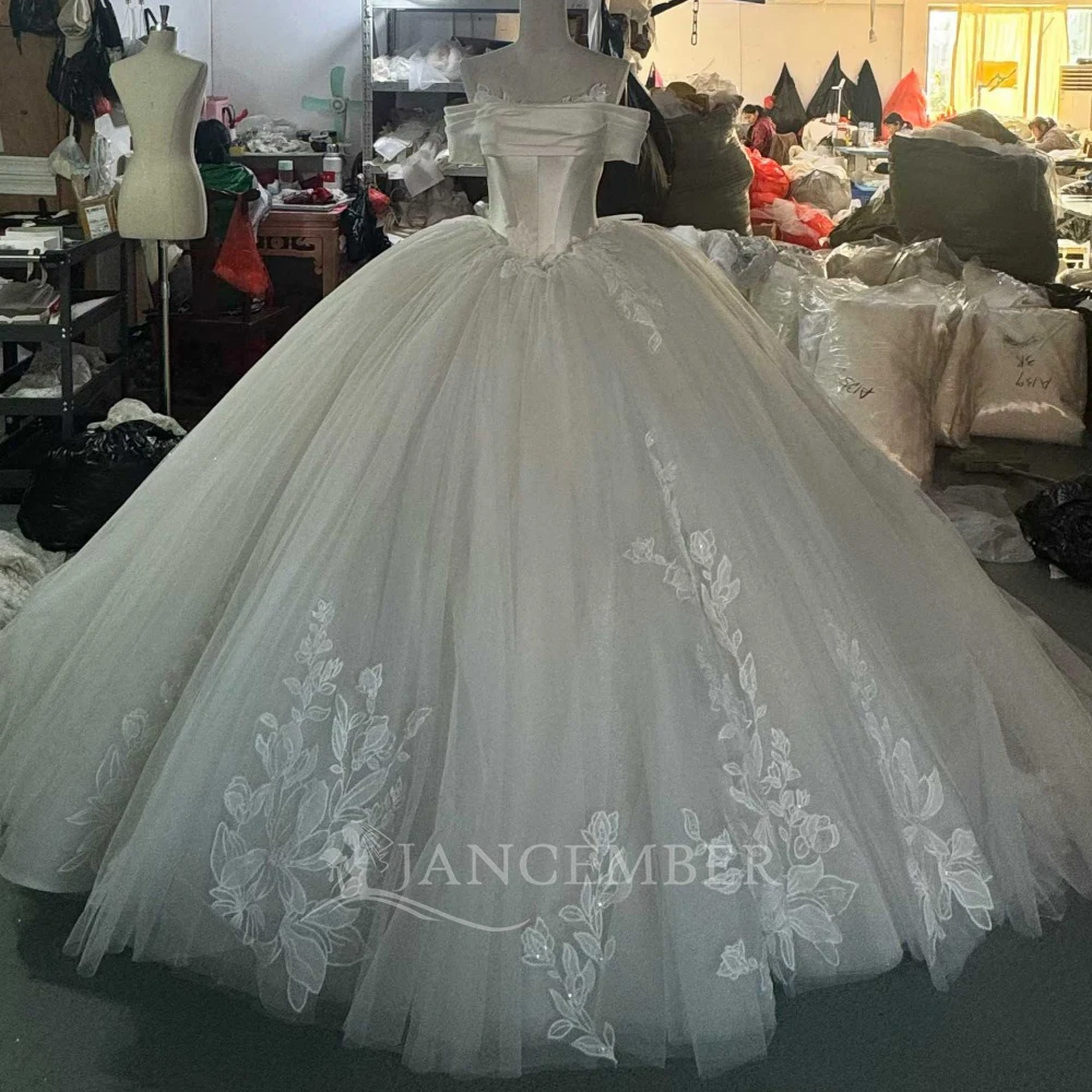 Customized Boat Neck Off Shoulder Ball Gown Wedding Dress Lace-up Back Floor Length Sweep Train Gown For Bride robe de mariée
