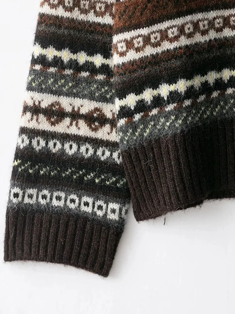 Mulheres outono inverno retro cashmere jacquard o-pescoço camisola de malha elegante senhora todos os jogos manga longa pulôver jumper topos