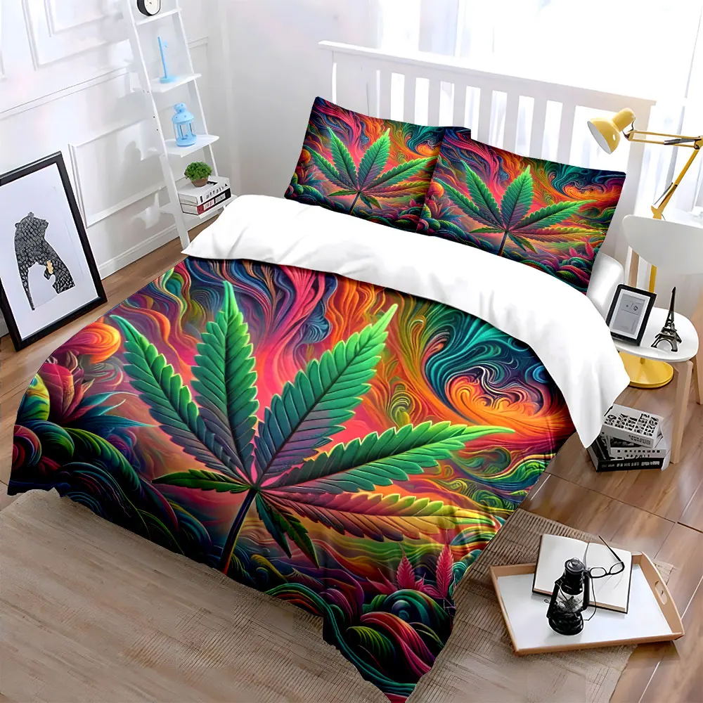 Trippy Colorful Leaf 3PCS Bedding Set Soft Duvet cover Pillowcase Set for kid's adults' bedroom Exquisite 3PC bedding set,gift