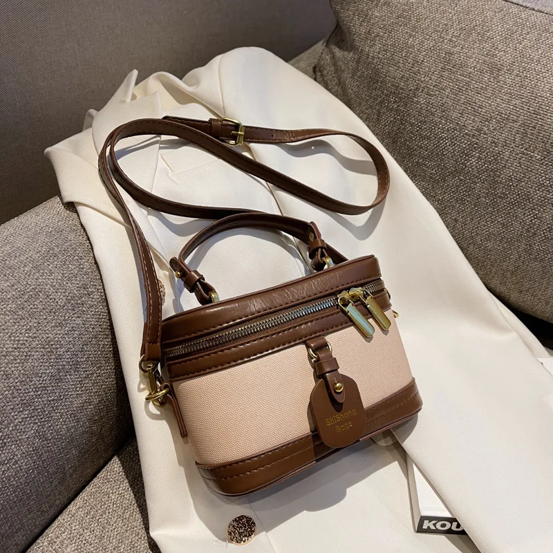 Vintage Women\'s Mini Bucket Bag Contrast PU Leather Zipper Shoulder Crossbody Bags 2023 Autumn Versatile Lady Commuter Box Pack