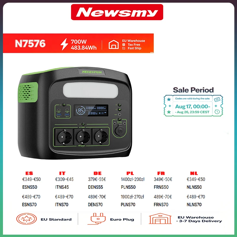 NEWSMY N7576 Station d'alimentation portable 700W Onde sinusoïdale pure 576Wh LiFePO4 Générateur solaire Alimentation de secours d'urgence pour camping en plein air Entrepôt UE Sans taxes Livraison rapide