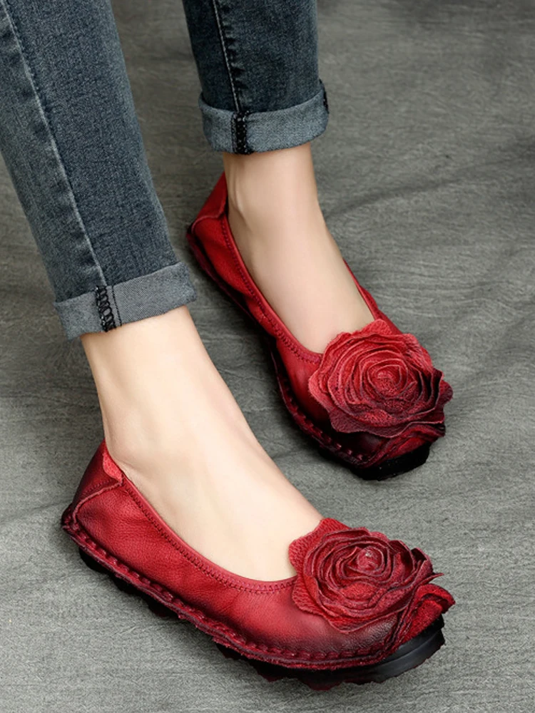 Birkuir Retro Women Shoes Loafers Big Flower Soft Soles Casual Low Heel Luxury Shoes Flats Elegant Genuine Leather Ladies Shoes