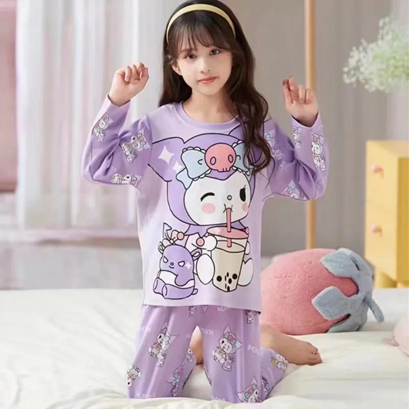 Kawaii Sanrios Girl Pajamas Long Sleeves Pure Cotton Suit Kuromi Can Be Worn Outside Child Spring Autumn Lounge Clothes New