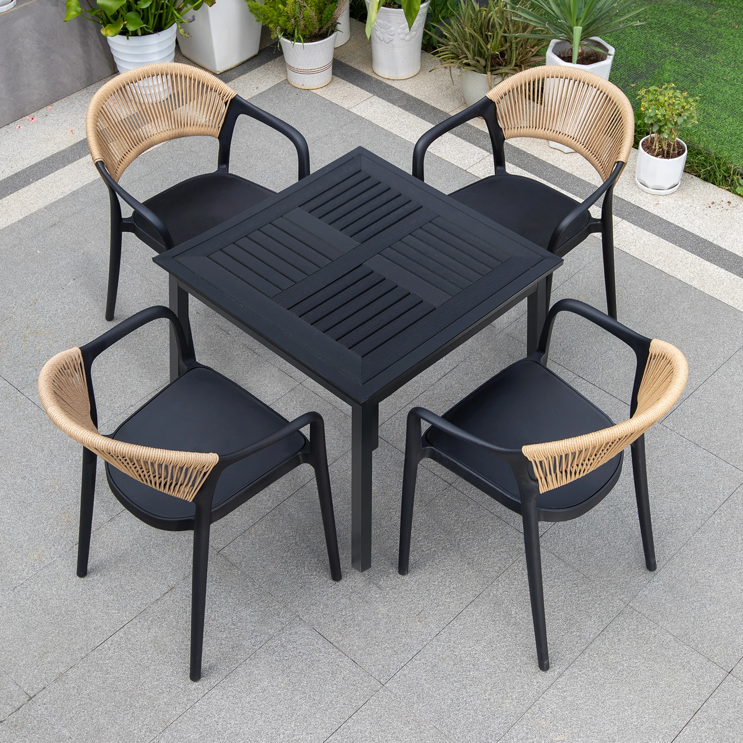

Wholesale 5-piece Set Metal Frame Plastic Wood Black Dining Table and Chair Patio Furniture for Outdoor Garden Hotel Villa