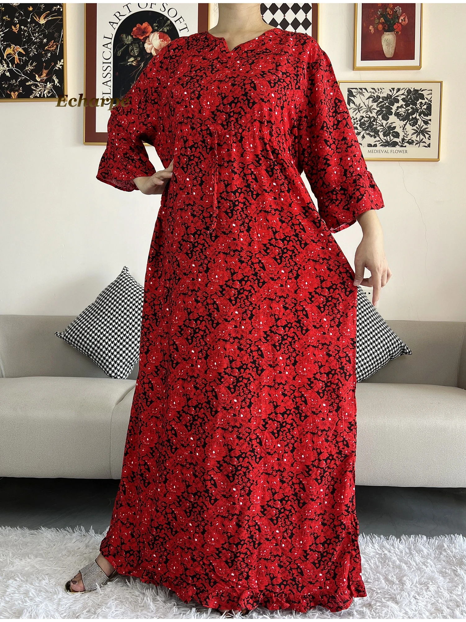 Novo africano dashiki manga longa solto algodão cintura elegante mulheres abaya vestido longo verão maxi casual vestidos soltos