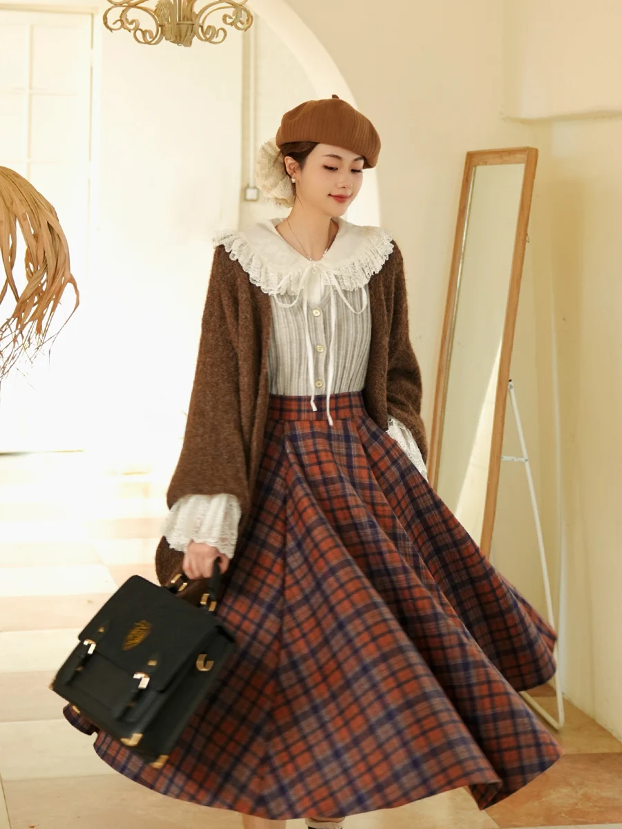 TIYIHAILEY High Waist Long Mid-Calf Plaid Wool Skirts Green Thick Warm Winter Big Hem 2026 New A-Line Skirts With Pockets Zipper