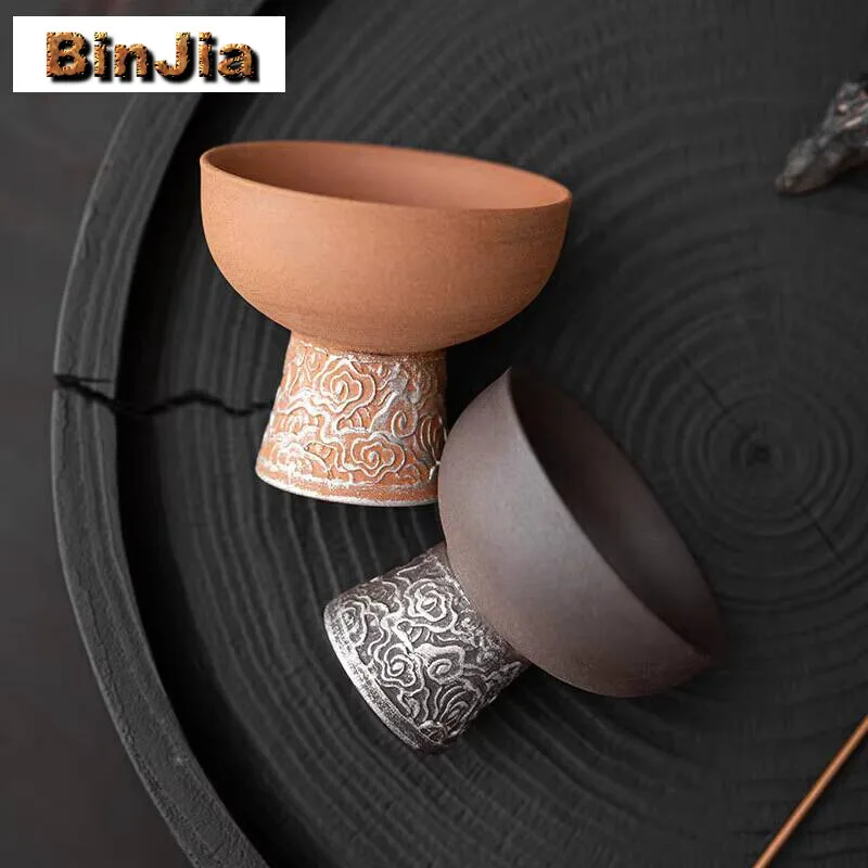 

2pc/set Handmade Coarse Pottery Teacup Old Rock Mud Master Cup Japanese Gilded Sier Tea Bowl Chazhan Kung Fu Teaware Craft 60ML