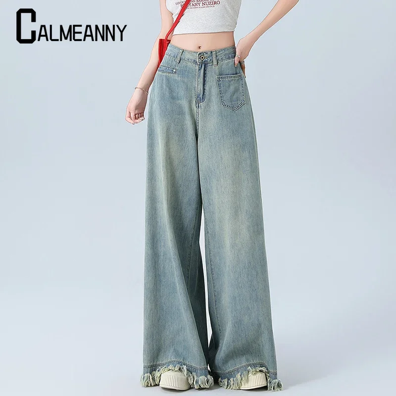

Women Jeans 2025 Autumn Versatile Y2k Denim Trousers Washed Retro Vintage Mopping Fashion Pocket Wide Leg Pants Leisure Street