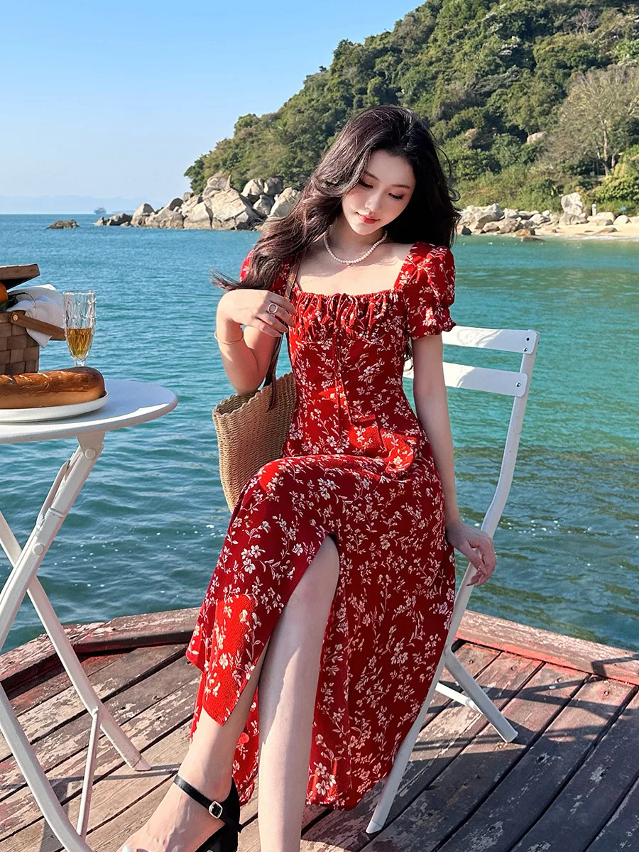 أزياء الصيف النساء الأزهار طباعة فستان الشاطئ عطلة فساتين ساحة الرقبة فستان الشمس قصيرة نفخة الأكمام إبقاء فستان سلم C179