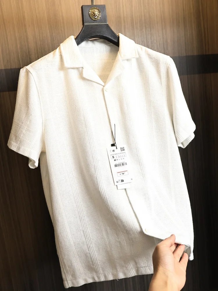 Summer Short Sleeve Knitted Cuban Collar Men's Shirt Standard Fit Fashion Urban Style Breathable Skin-Friendly Micro Elastic