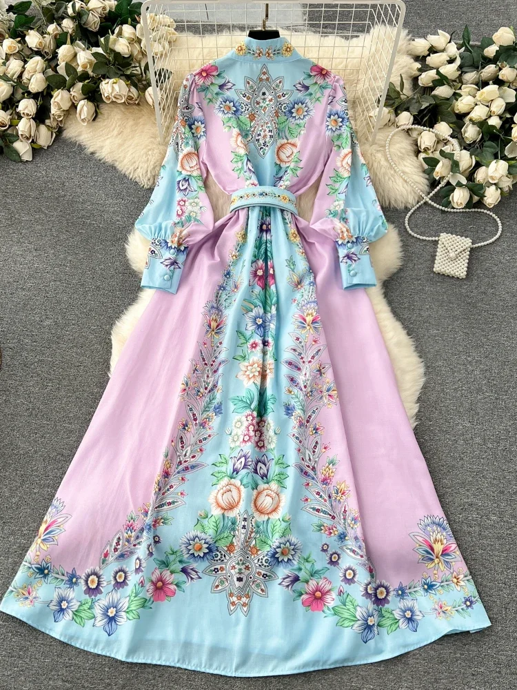 2024 Vestidos De Mujer Stand Neck Floral Dresses for Women Sweet Lantern Sleeve Robe Femme Vintage Temperament New Belt Dress WJ