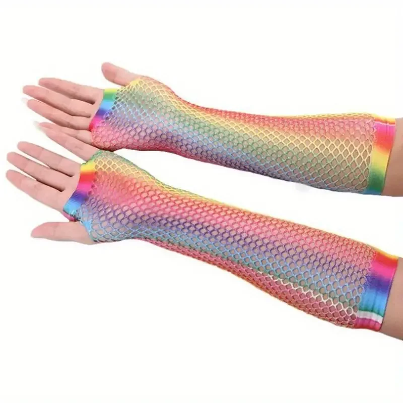 1 Pair Long Rainbow Gloves Elastic Breathable Fishnet Gloves Party Rave Fingerless Gloves For Women Girls