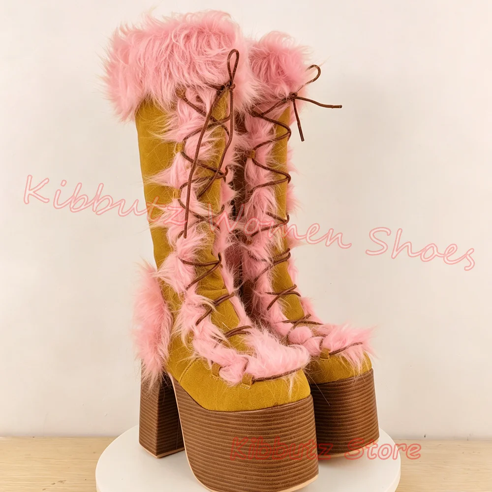 Platform Boots Knee High Fur Lace Up Front Chunky Block Heel Retro Winter Snow Boots Fashion Comfortable Warm Shoes Mixed Color - view 5