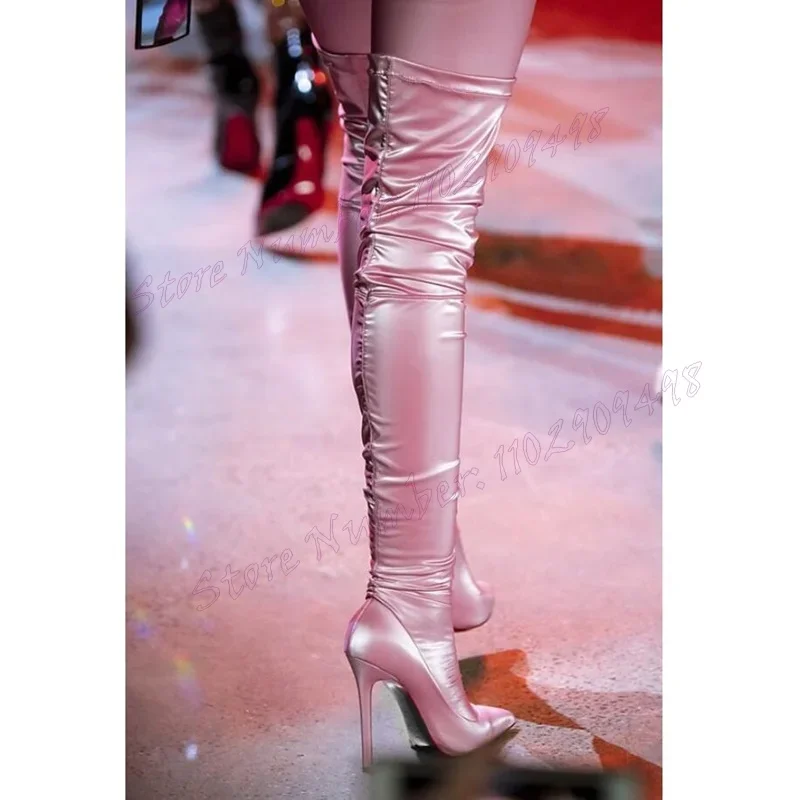 

Pink Satin Over The Knee Boots Pointed Toe Shoes for Women Stilettos High Heels Sexy Lady Party Shoes 2025 Zapatos Para Mujere