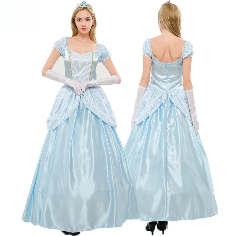

Cosplay Gown - Light Blue Satin Ball Dress with Lace Details & Matching Gloves Adult Fairy Tale Attire for Costume Parties