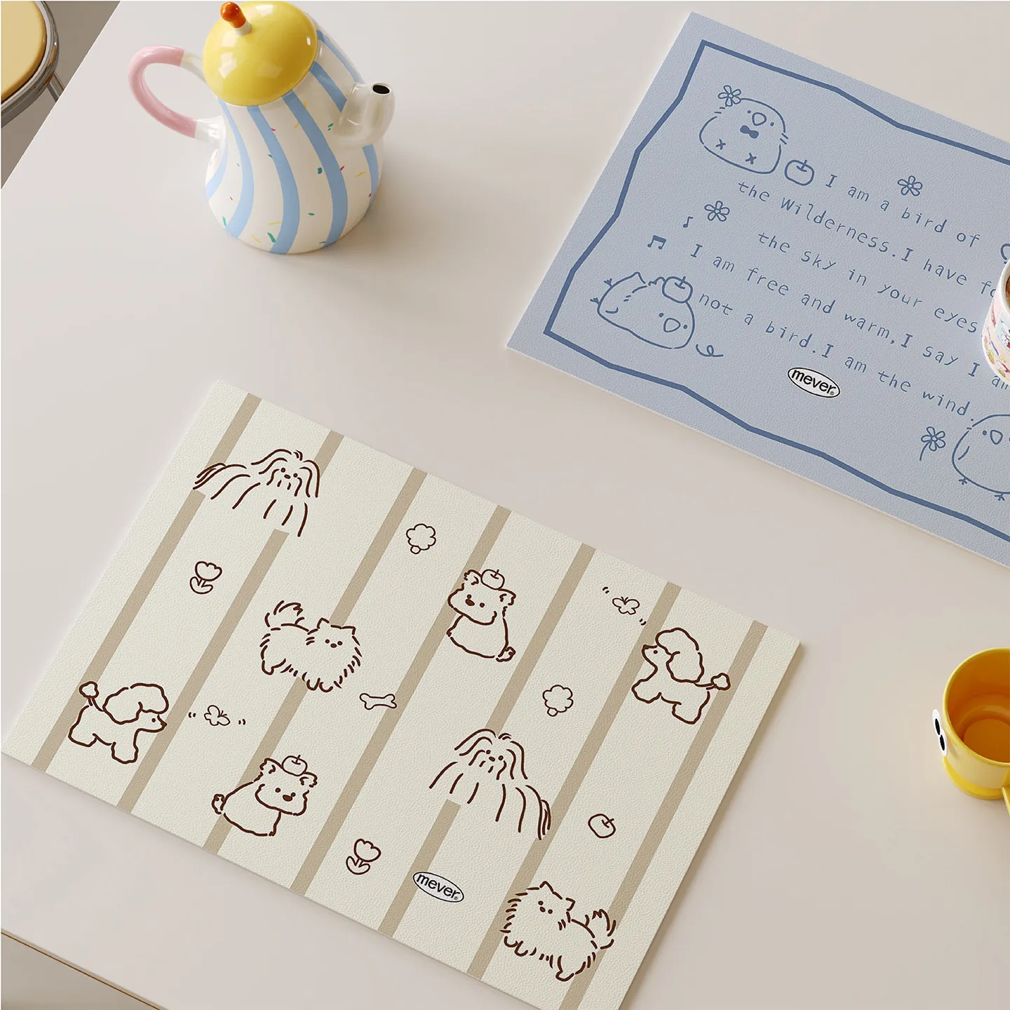 Hand-drawn Illustration Cartoon Tableware Mat,leather Waterproof, Oil-resistant, Heat-resistant Pad, Tableware Cup Drying Mats