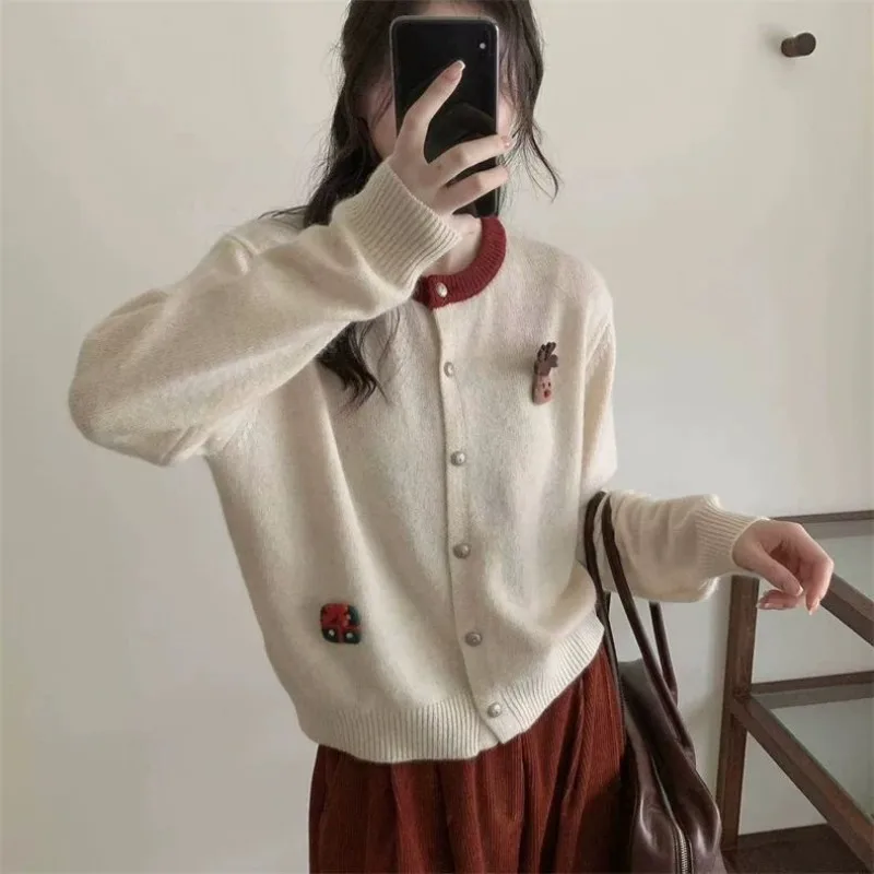 Women Korean Fashion Vintage Contrast Color Funny Cute 3D Cartoon Cardigan Casual Sweet Chic O Neck Long Sleeve Knitted Sweater