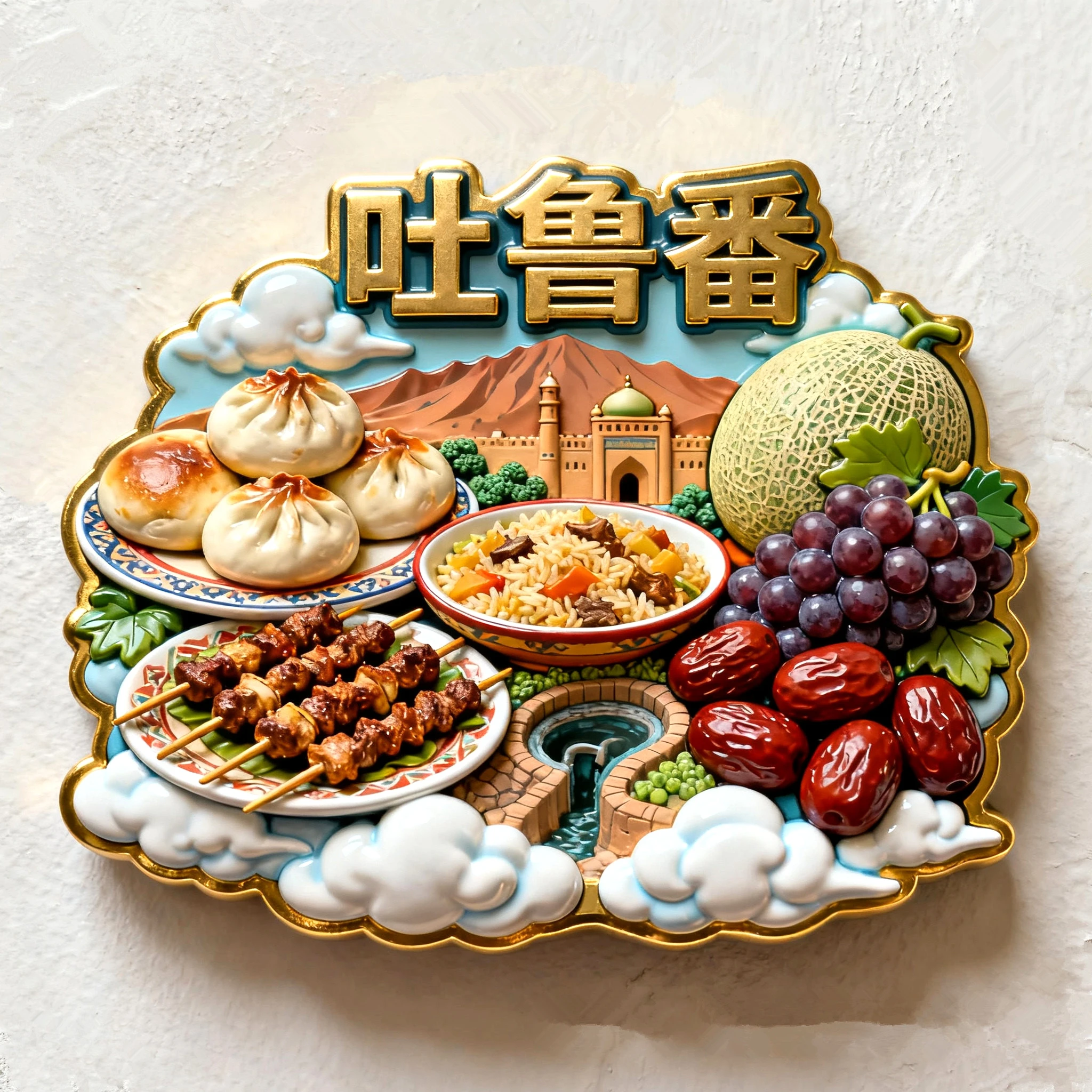 Metal Relief Of Xinjiang Turpan Red Date Lamb Skewer, China 3D Fridge Magnets Tourism Souvenirs Refrigerator Magnetic Stickers