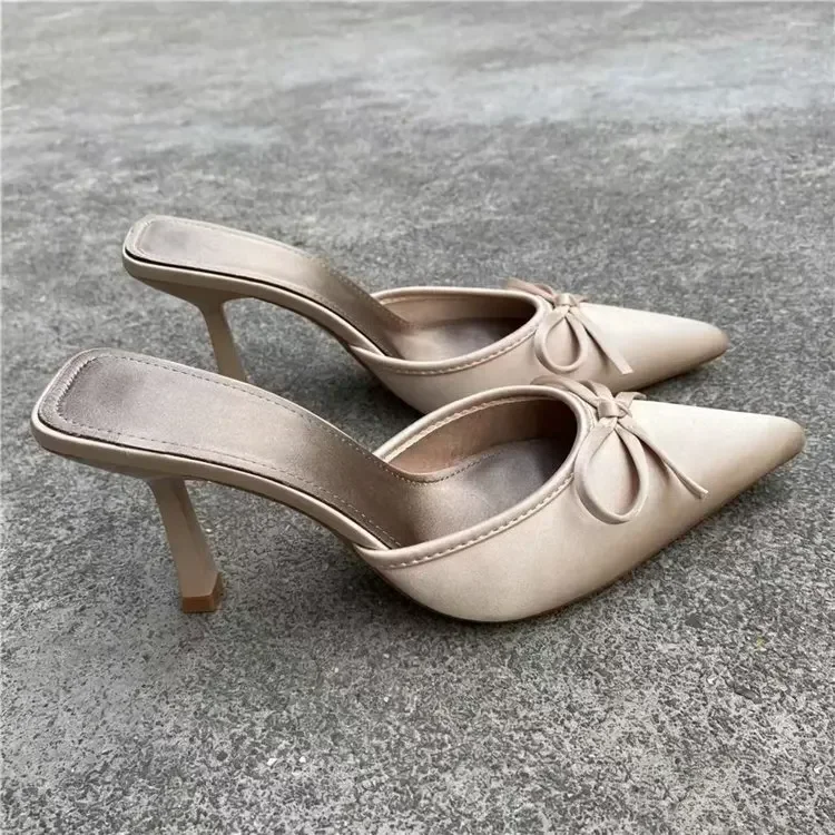 Bequeme, modische, spitz zulaufende High Heels mit Schmetterlingsknoten, Sommer-Outdoor-Damen-Slipper aus weichem Leder – Detail 4