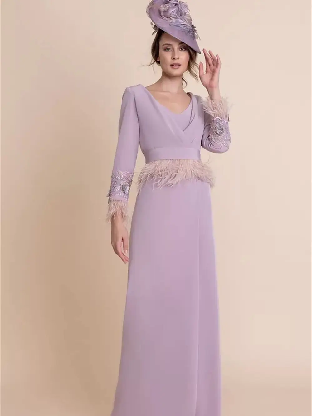 

Lavender Purple Chiffon Pleated Feather Evening Dress Long Sleeve 3D Floral Applique with Belt Women's Formal Occasion Gown