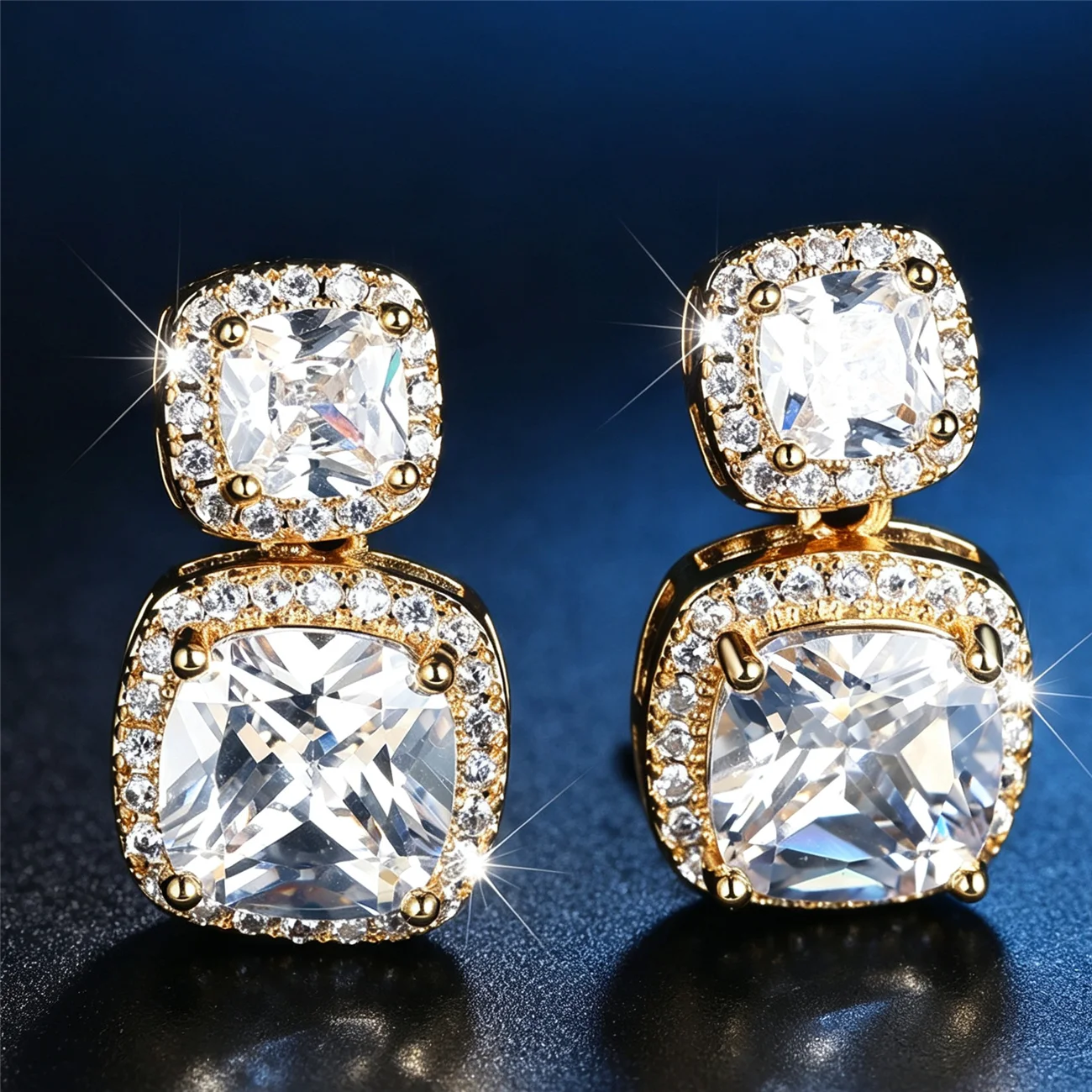 Luxury Crystal Square Stone Cute White Zircon Stud Earrings For Women Vintage Gold Color Wedding Valentine Jewelry Gifts