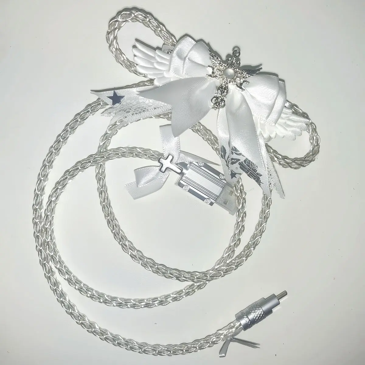 Custom Silver White Bow & Heart Aviator Cable, Glowing Type-C Line for Mag Axis, Original Handmade Keyboard Accessory Gift