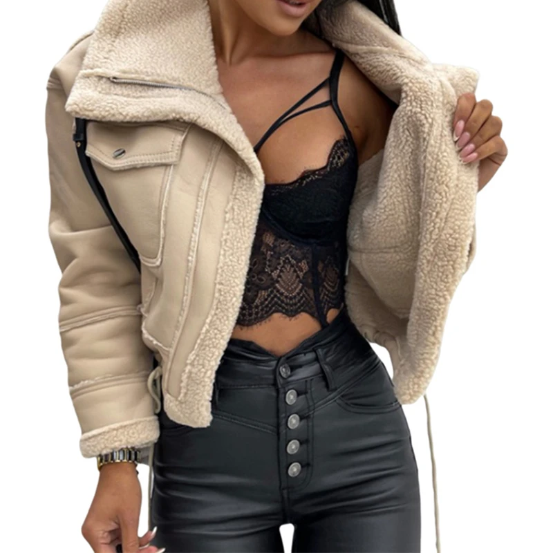 Donna autunno inverno caldo giacca cappotti peluche ecopelle Patchwork manica lunga cerniera risvolto collo top Outwear moda Streetwear