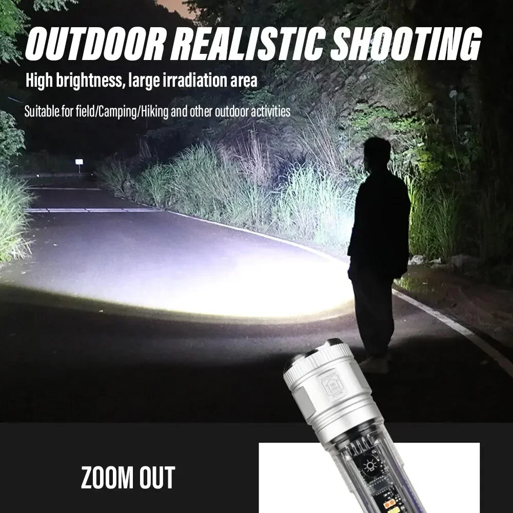 Super Bright LED Flashlight with White Laser Beads and Red and Blue Side Lights, Support Solar Charging