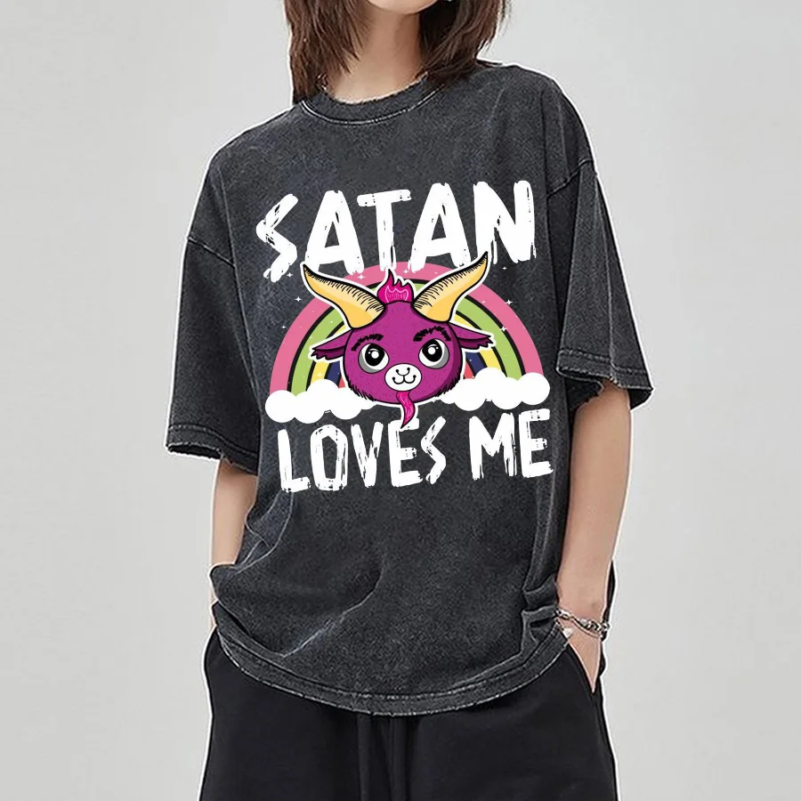 Satan Demon Cartoon Image Print Women's Washed T-Shirt Oversized Loose Unisex Half Sleeve Funny Fashion Design Top