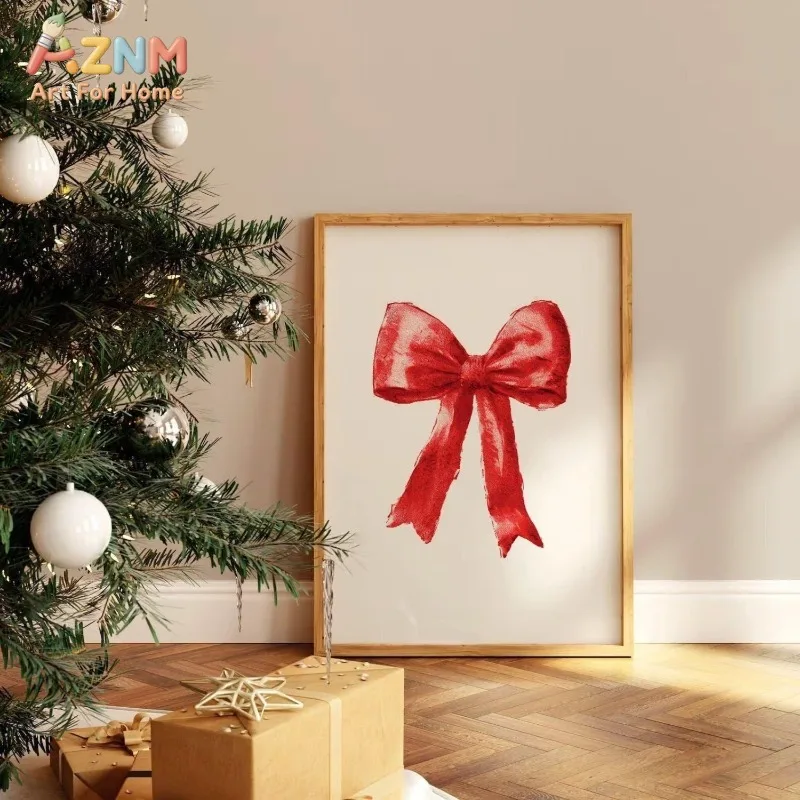 Red Bow Canvas Wall Art Simple Minimalist Christmas Ribbon Bow Print Festive Wall Decor for Home Bedroom Unframed Canvas Poster