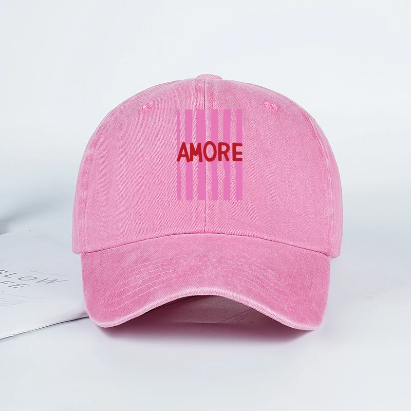 Stylish Retro Pink Striped “AMORE” Washed Baseball Cap: Breathable, Adjustable, Dad-Style Cap—Perfect for Shopping and Camping