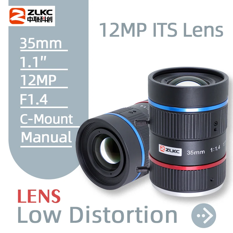 ZLKC 35mm 1.1 Inch 12MP High Resolution F1.4 Big Aperture ITS Lens Fixed Focus Manual C Mount Lens for Surveillance Cameras