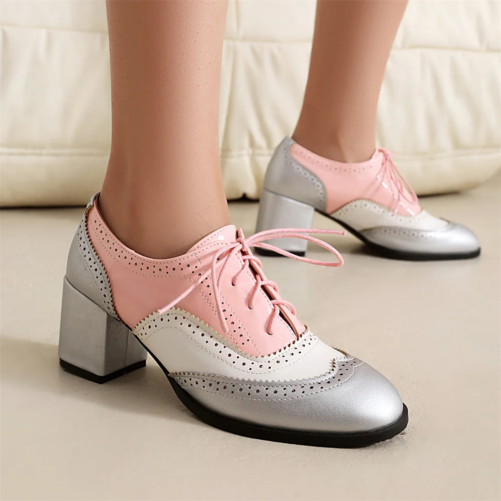 Plus Size 48 Vintage Red Brogue Shoes Chic Green Pink Patchwork Square High Heels Pumps Retro Lace-up Office Lady Daily Shoes_voghion.com