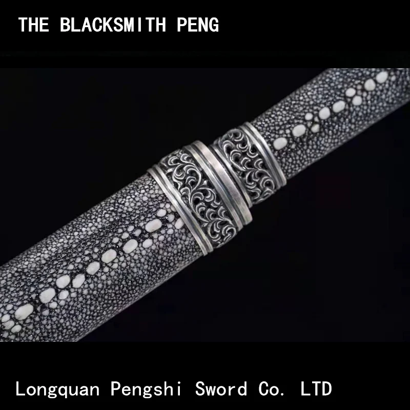 coahuilite Sandwich Steel scabbard Hereditable Tang sword/Hand-carved fittings in sterling silver Fishskin real Chinese sword