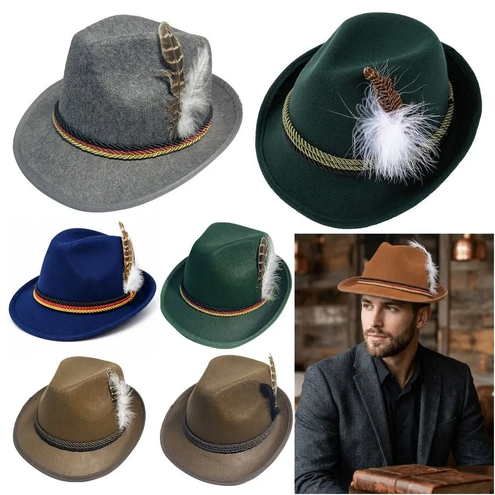 Classic Bavarian Feather Hat Structured Brim Western Fedora Hat Dress Up Decorative Side Cord Jazz Cap Halloween Party